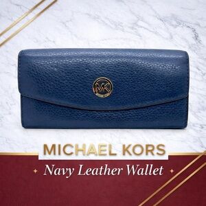 Michael Kors Navy Pebbled Leather Wallet MK Logo Snap Flap Zip Organizer